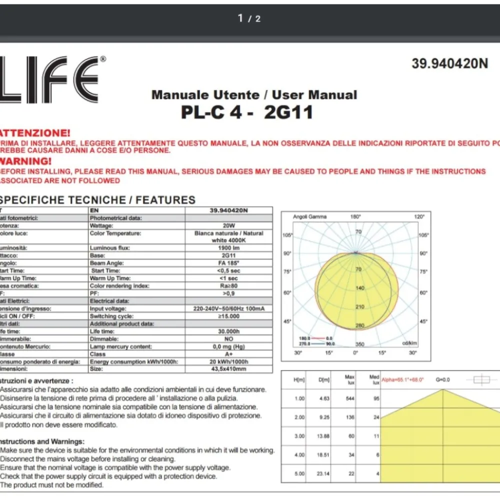 Lampadine Led-Top Light Lampada tubo led 2g11 20w 1900 lumen 4000k luce naturale