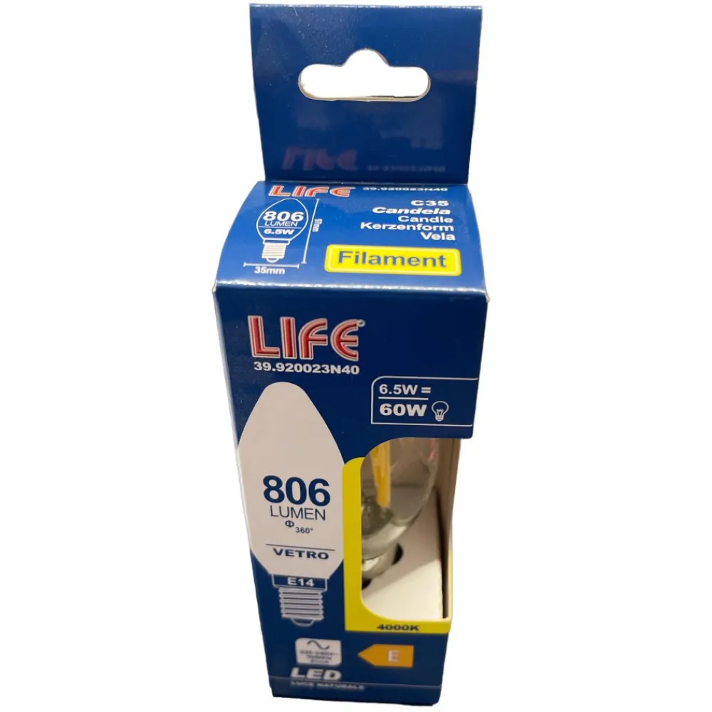 Lampadine Led-Life Electronics Lampadina e14 led 6,5w 4000k 806lm life candela vetro trasparente
