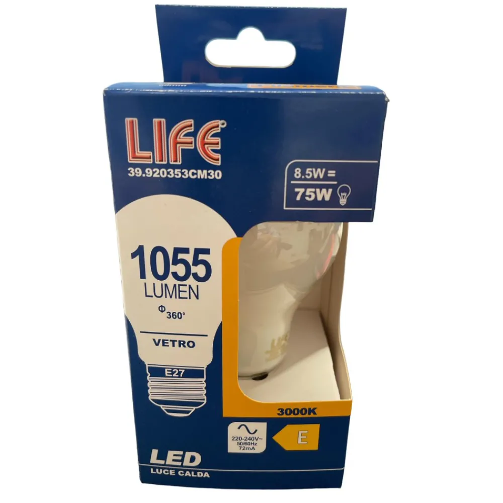 Lampadine Led-Life Electronics Lampadina e27 8,5w 3000k 1055lm vetro bianco life goccia milky