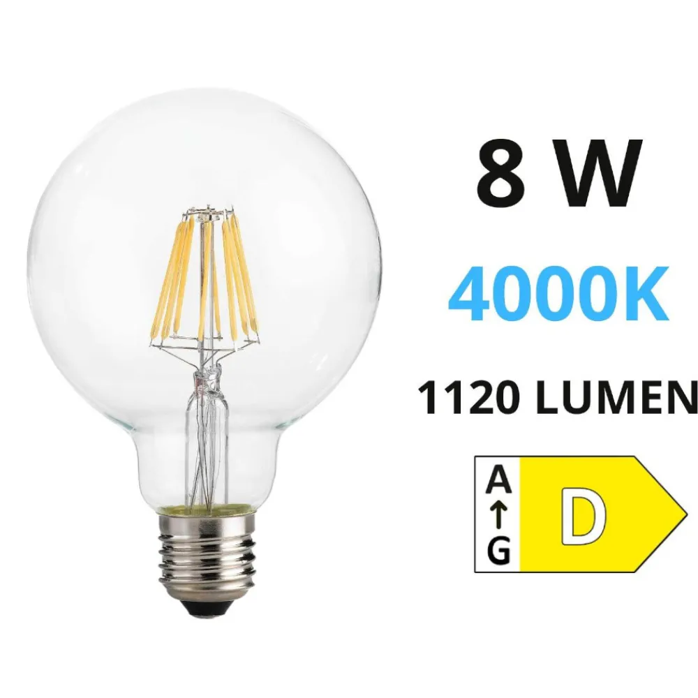 Lampadine Led-Ideal Lux Lampadina globo e27 led 8w 1120lm 4000k filamento trasparente