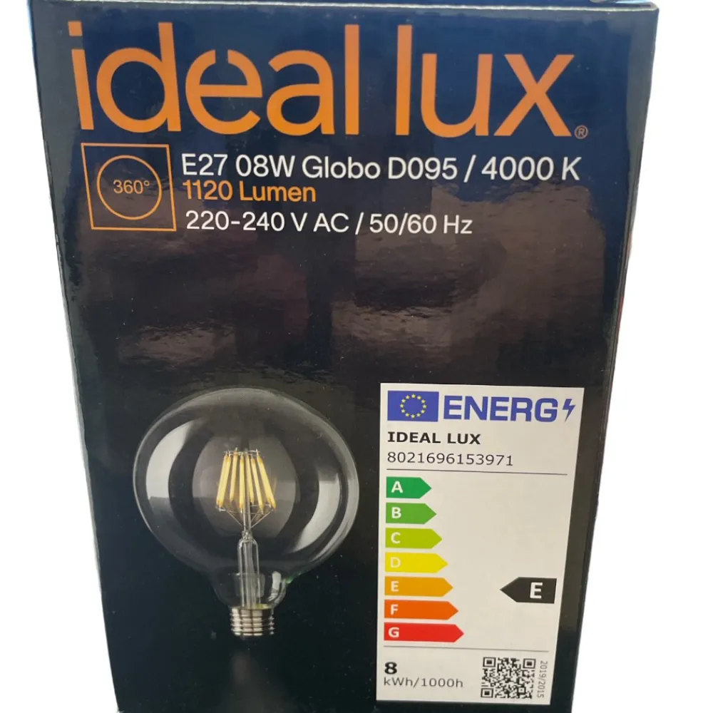 Lampadine Led-Ideal Lux Lampadina globo e27 led 8w 1120lm 4000k filamento trasparente