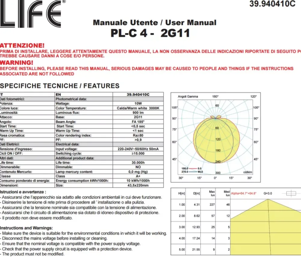 Lampadine Led-Top Light Lampadina led 2g11 10w 950lm 3000k luce bianco calda