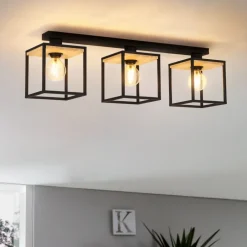 Plafoniere Moderne-Eglo Libertad plafoniera moderna nera con dettagli in legno 3 luci