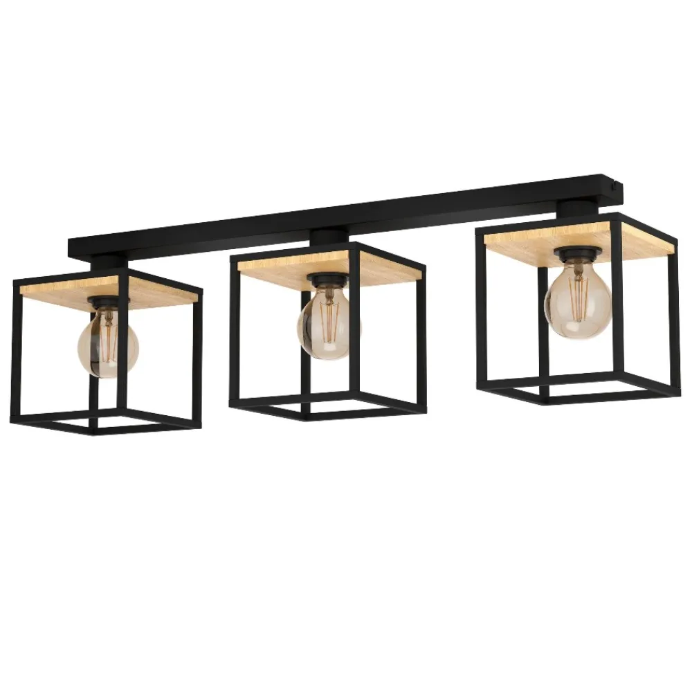 Plafoniere Moderne-Eglo Libertad plafoniera moderna nera con dettagli in legno 3 luci