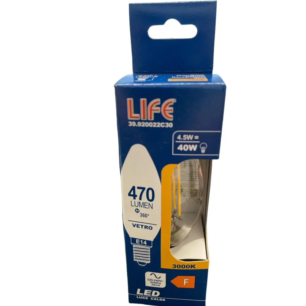 Lampadine Led-Life Electronics Life lampadina candela vetro led e14 470lm 4,5w 3000k filamento trasparente