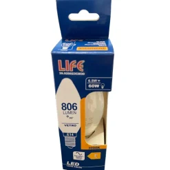 Lampadine Led-Life Electronics Life lampadina e14 candela led 6,5w 3000k 806lm vetro bianco milky