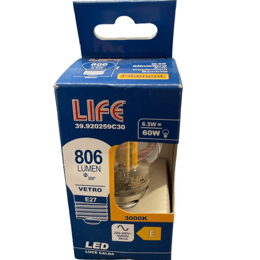 Lampadine Led-Life Electronics Life lampadina e27 led 6,5w 3000k 806lm sfera trasparente