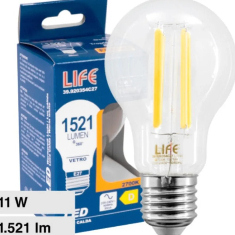 Lampadine Led-Life Electronics Life lampadina e27 11w 3000k 1521lm vetro goccia trasparente