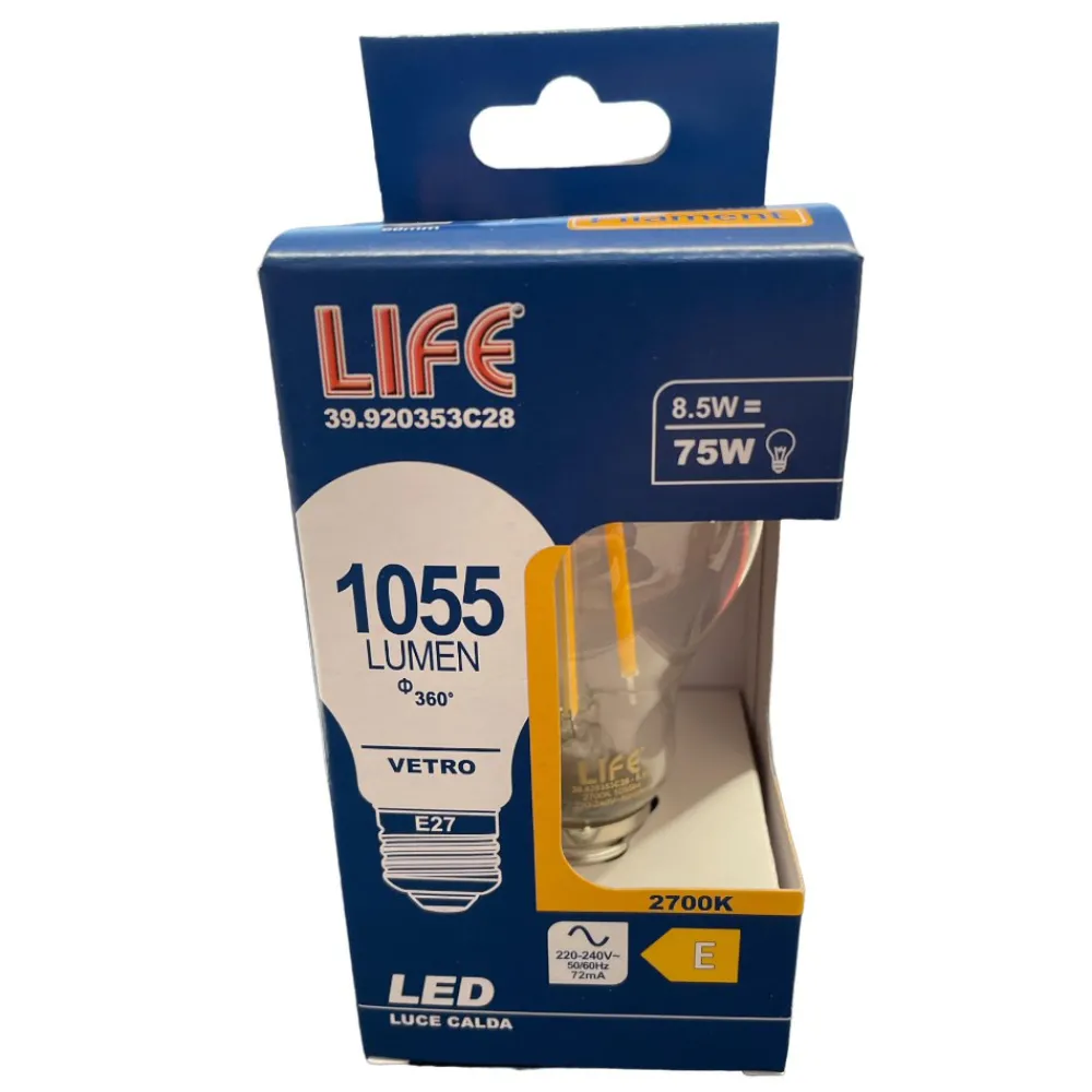 Lampadine Led-Life Electronics Life lampadina goccia e27 led 8.5w 2700k 1055lm vetro trasparente