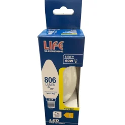 Lampadine Led-Life Electronics Life lampadina led e14 candela 6.5w 4000k 806lm vetro bianco milky