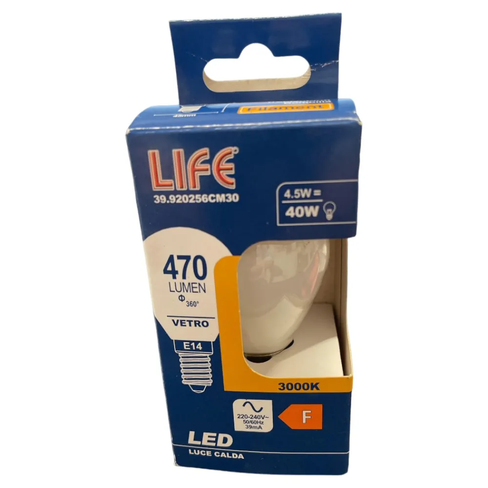 Lampadine Led-Life Electronics Life lampadina led e14 milky 4,5w 3000k 470lm minisfera vetro bianco