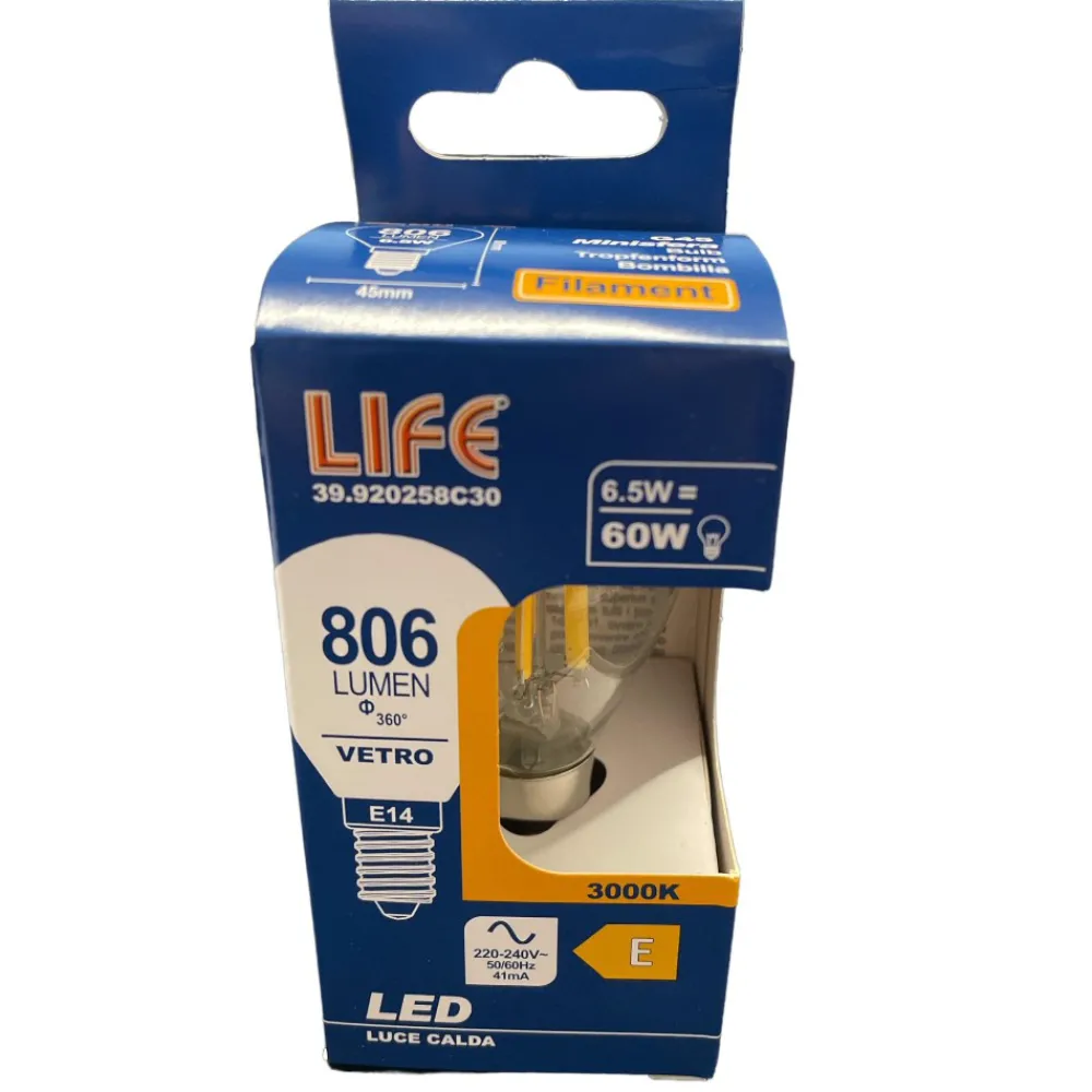 Lampadine Led-Life Electronics Life lampadina led e14 6,5w 3000k 806lm sfera vetro trasparente