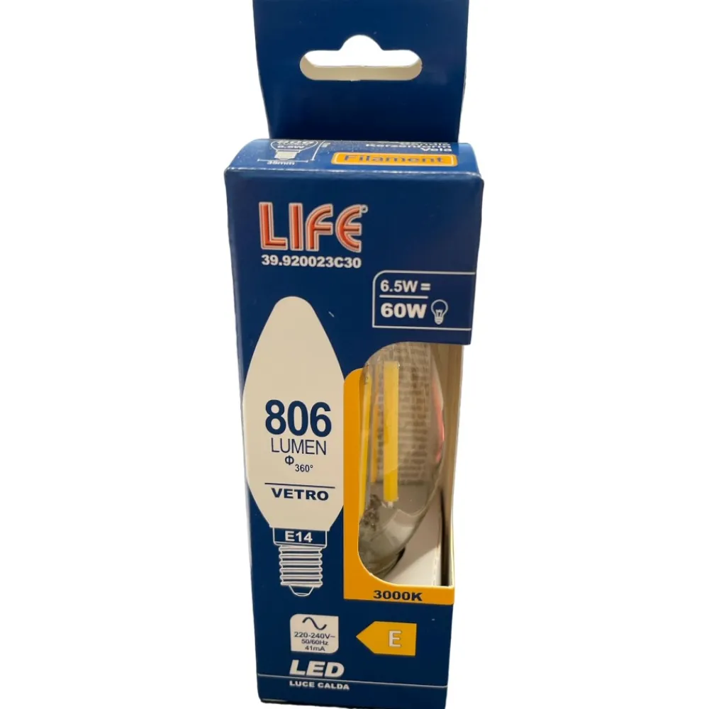 Lampadine Led-Life Electronics Life lampadina led e14 6.5w 3000k 806lm vetro trasparente filamento 320