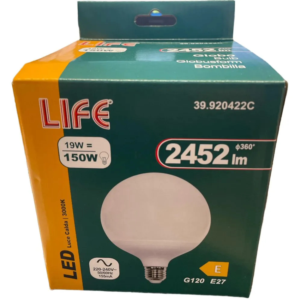 Lampadine Led-Life Electronics Life lampadina led globo e27 19w 3000k 2452lm ottica 300