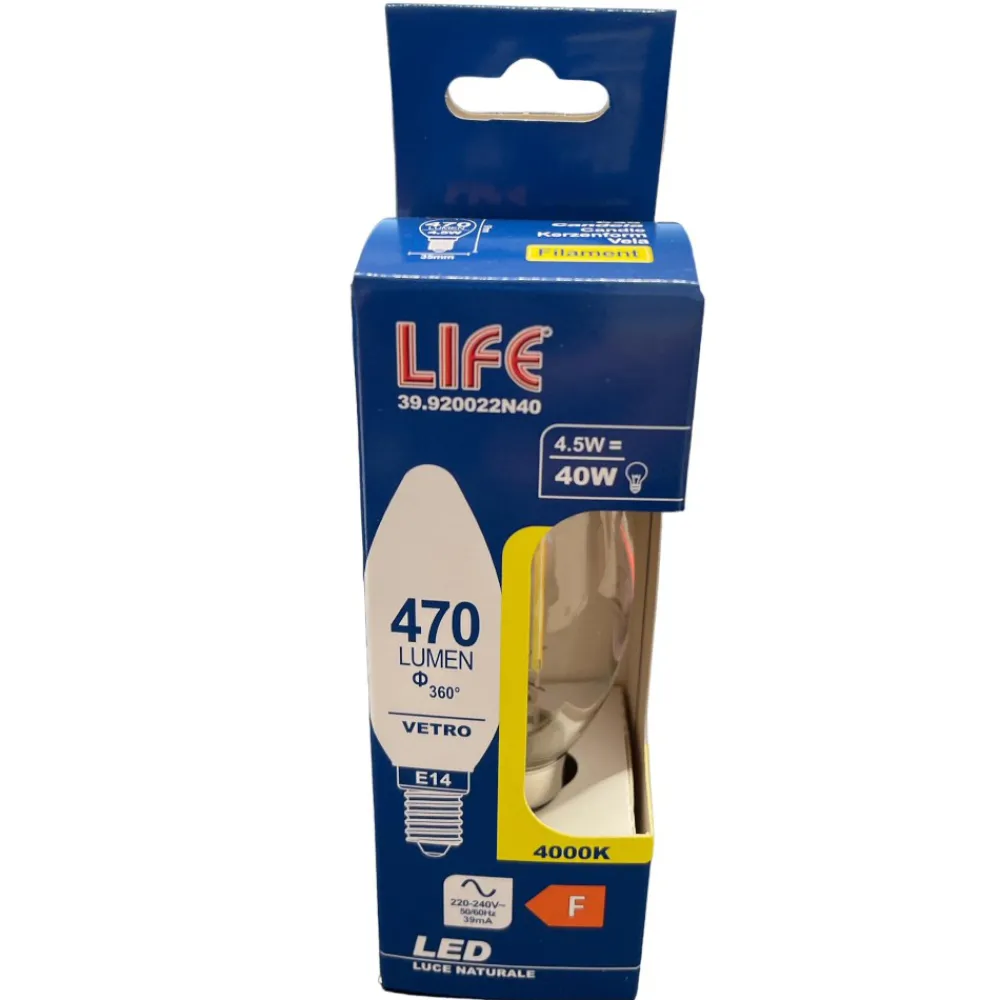 Lampadine Led-Life Electronics Life lampadina led oliva e14 4.5w 4000k 470lm vetro trasparente 39.920022n40