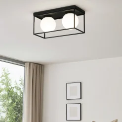 Plafoniere Moderne-Ideal Lux Lingotto pl2 plafoniera nera rettangolare due luci sfere bianco opaco