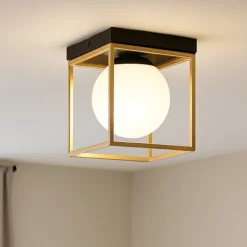 Plafoniere Moderne-Ideal Lux Lingotto pl1 plafoniera moderna quadrata cubo nero e oro boccia vetro