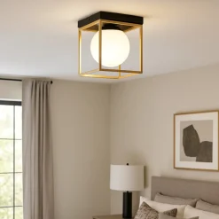 Plafoniere Moderne-Ideal Lux Lingotto pl1 plafoniera moderna quadrata cubo nero e oro boccia vetro