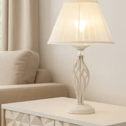 Lampade Da Tavolo-Maytoni grace lampada da tavolo per salotto bianca paralume in tessuto