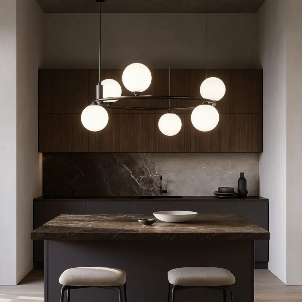 Lampadari Cucina-Maytoni lampadario per cucina moderna ring nero sfere vetro bianco
