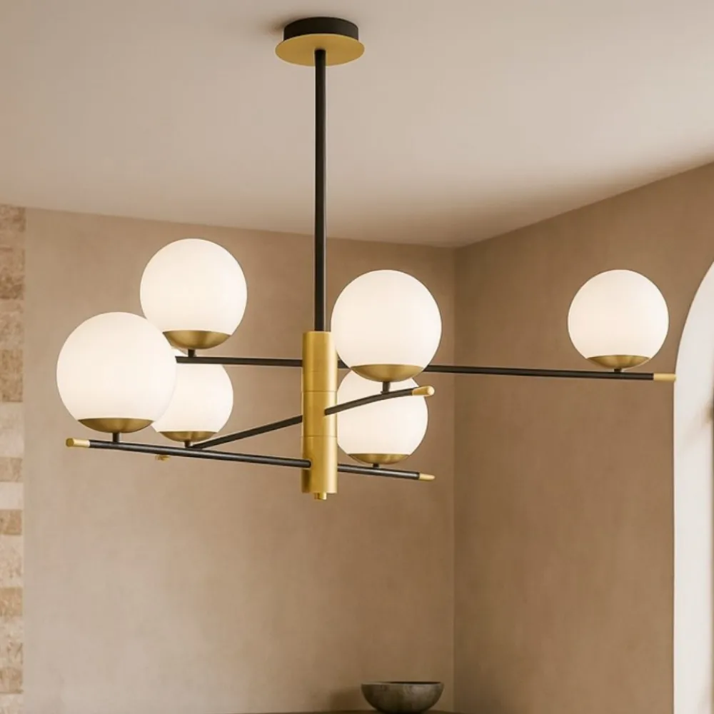Lampadari Moderni-Maytoni nostalgia lampadario da soggiorno nero oro 6 luci sfere vetro bianco