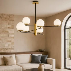 Lampadari Moderni-Maytoni nostalgia lampadario da soggiorno nero oro 6 luci sfere vetro bianco