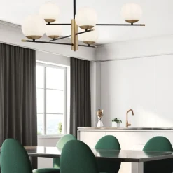 Lampadari Moderni-Maytoni nostalgia lampadario da soggiorno nero oro 6 luci sfere vetro bianco