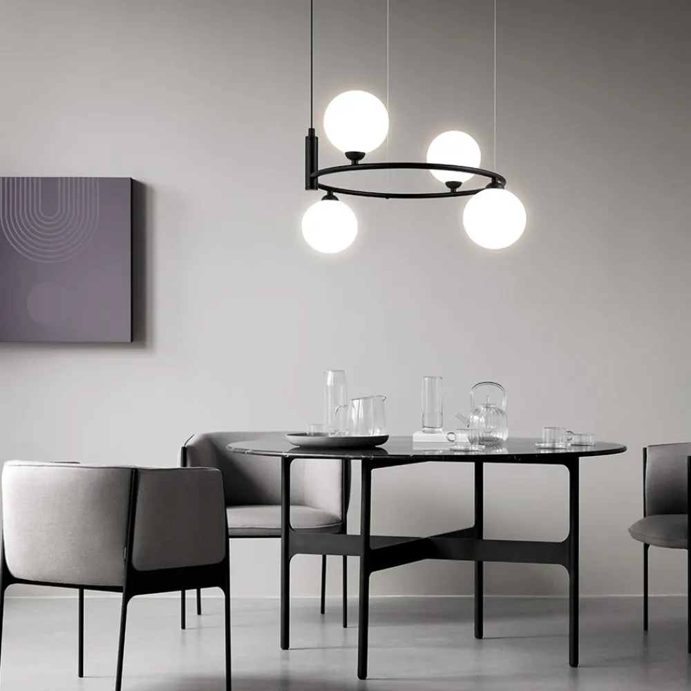 Lampadari Moderni-Maytoni ring lampadario circolare nero sfere vetro bianco per soggiorno moderno