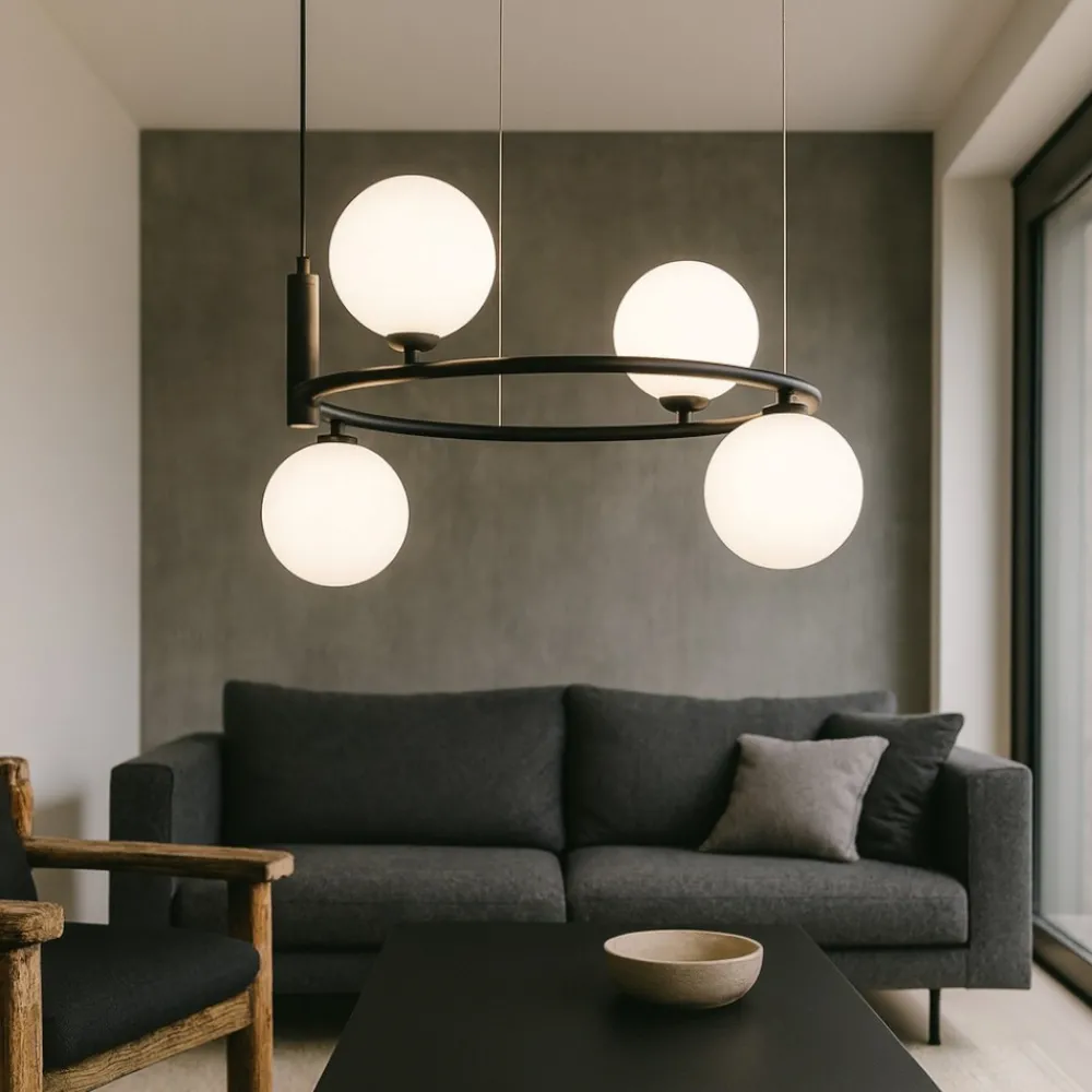 Lampadari Moderni-Maytoni ring lampadario circolare nero sfere vetro bianco per soggiorno moderno