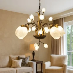 Lampadari Moderni-Selezionato da Mazzolaluce Mm lampadario tulipani ferro battuto con vetri fp per soggiorno