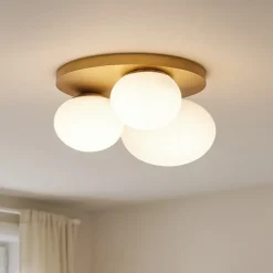 Plafoniere Moderne-Ideal Lux Ninfea pl3 plafoniera ottone 3 sfere vetro bianco per interni