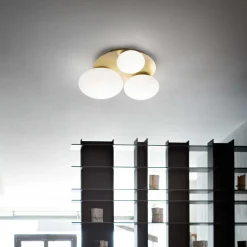 Plafoniere Moderne-Ideal Lux Ninfea pl3 plafoniera ottone 3 sfere vetro bianco per interni