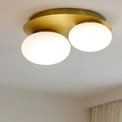 Plafoniere Moderne-Ideal Lux Ninfea pl2 plafoniera moderna due luci ottone vetro bianco per ingresso