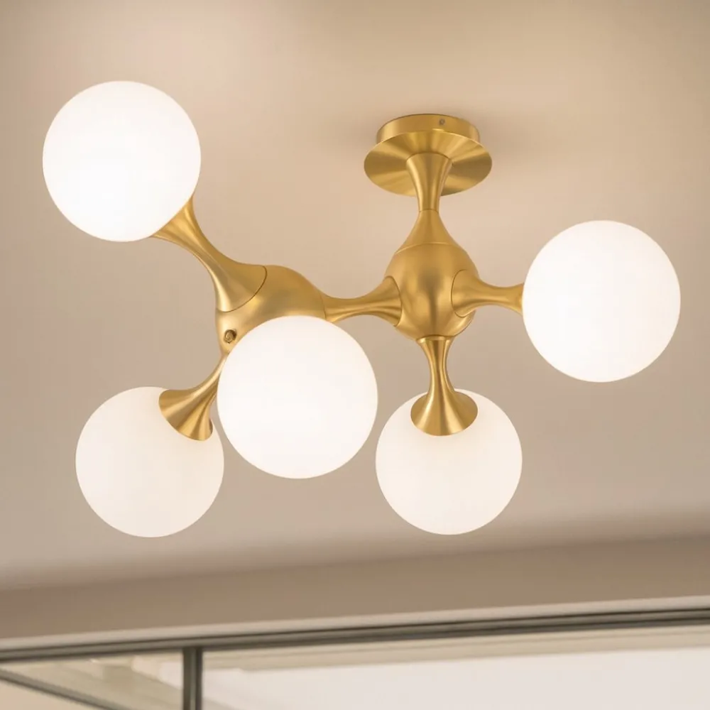 Plafoniere Moderne-Ideal Lux Nodi pl5 plafoniera moderna nodi ottone 5 sfere bianche