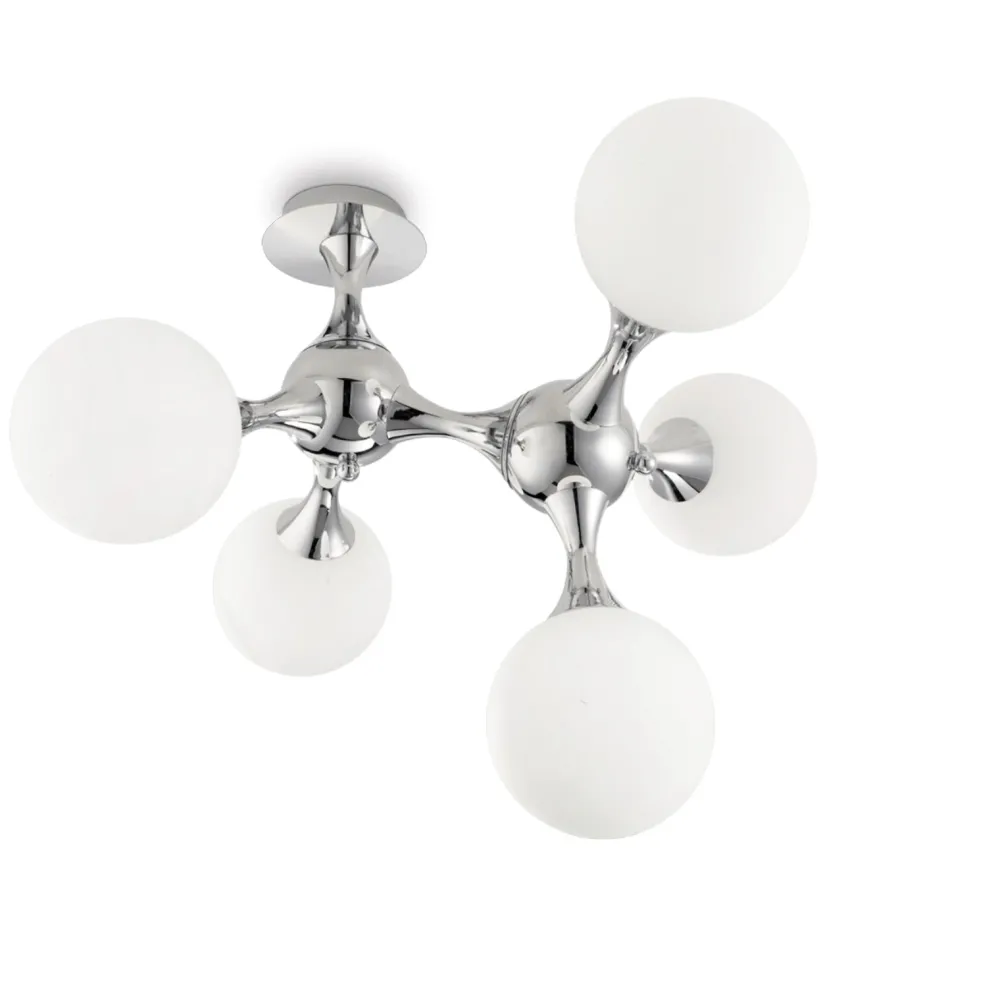 Plafoniere Moderne-Ideal Lux Nodi pl5 plafoniera moderna 5 luci design struttura dna cromo sfere bianche
