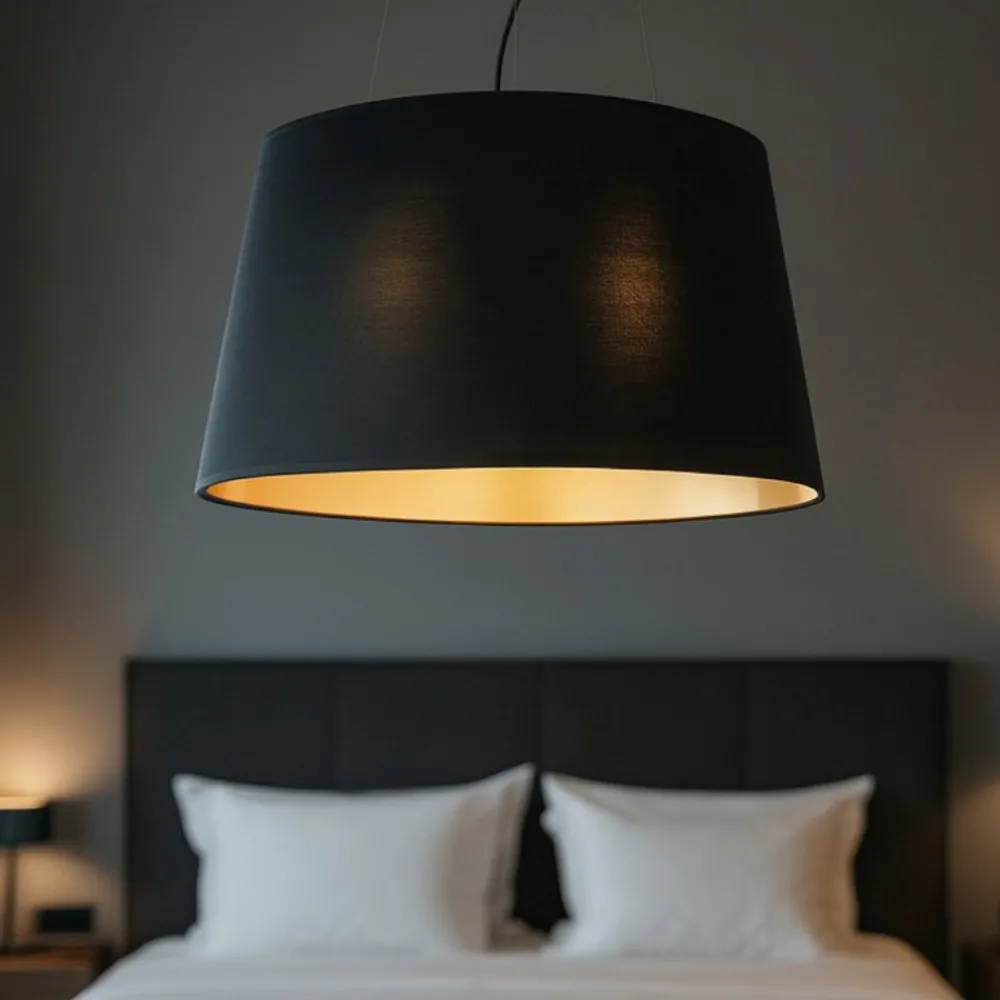 Lampadario Camera Da Letto-Ideal Lux Nordik sp4 lampadario stanza da letto paralume tessuto nero e oro