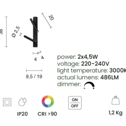 Applique Da Parete-Ondaluce applique nera teddy moderna due luci orientabili led 3000k dimmerabile