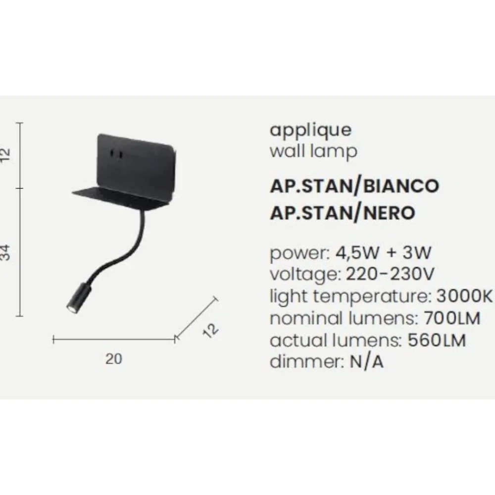 Applique Camera Da Letto-Ondaluce ap stan applique comodino camera da letto presa usb orientabile nera