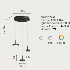 Lampadari Cucina-Ondaluce lampadario da cucina nina 3 luci nere led 24w 3000k dimmerabile