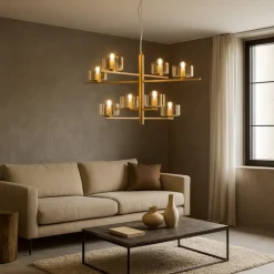 Lampadari Moderni-Ondaluce lampadario figaro oro per salone vetri ambra
