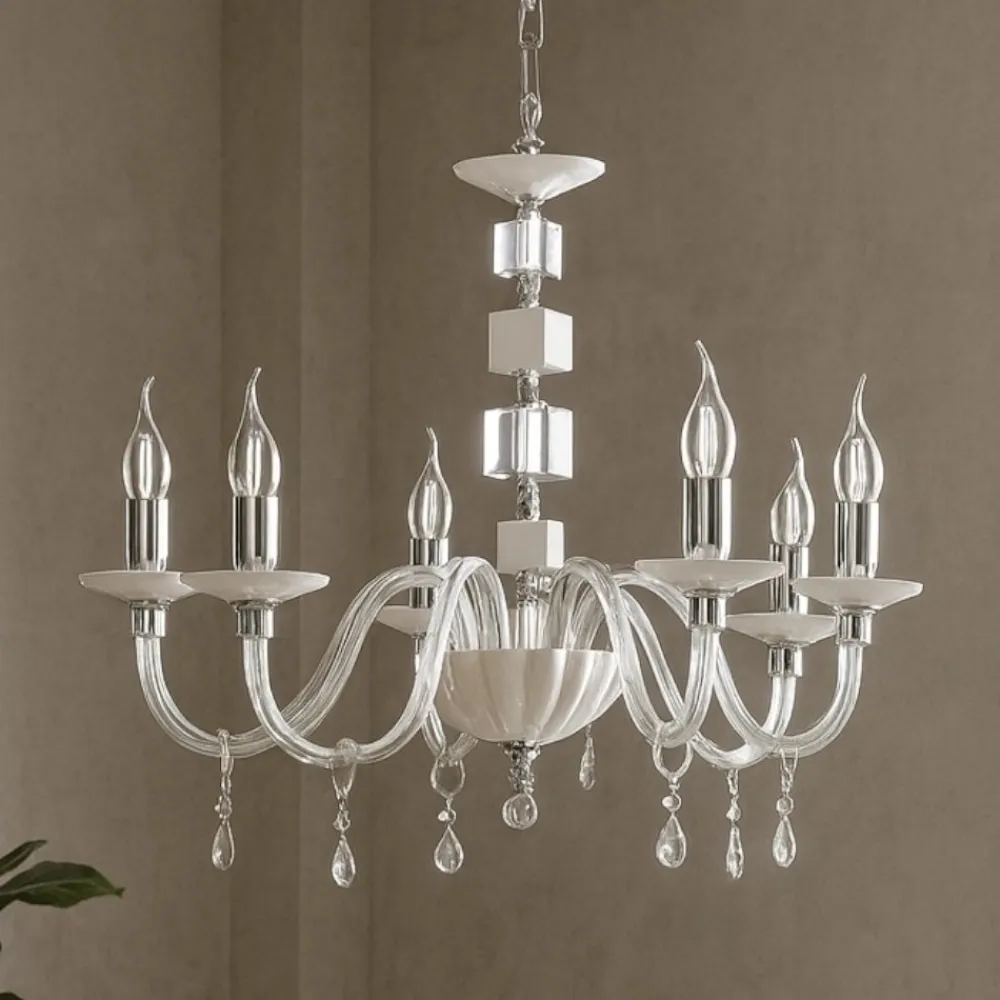 Lampadari Moderni-Ondaluce lampadario livia sei luci vetro bianco e cristalli