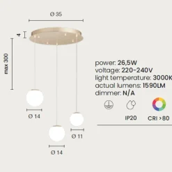 Lampadari Moderni-Ondaluce lampadario moderno santos 3 luci led 3000k oro sfere vetro bianco