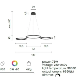 Lampadari Moderni-Ondaluce lampadario sabe oro 3 anelli orientabili led 75w 3000k dimmerabile