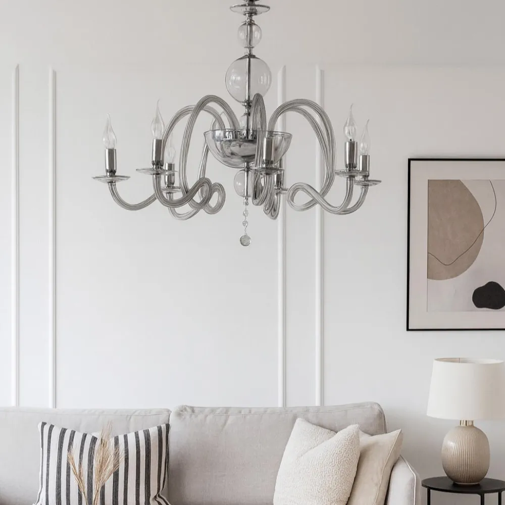 Lampadari Moderni-Ondaluce lp vivaldi 6 braccia vetro grigio fumo per salotto contemporaneo
