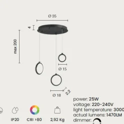 Lampadari Moderni-Ondaluce pinta lampadario a 3 luci pendenti moderno nero anelli led 3000k dimmerabile