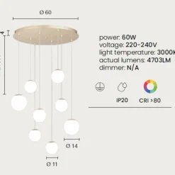 Lampadari Moderni-Ondaluce santos lampadario a sospensione oro moderno 8 luci 60w 3000k sfere vetro bianco