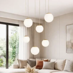 Lampadari Moderni-Ondaluce santos lampadario moderno oro 6 luci sfere vetro bianco led 3000k