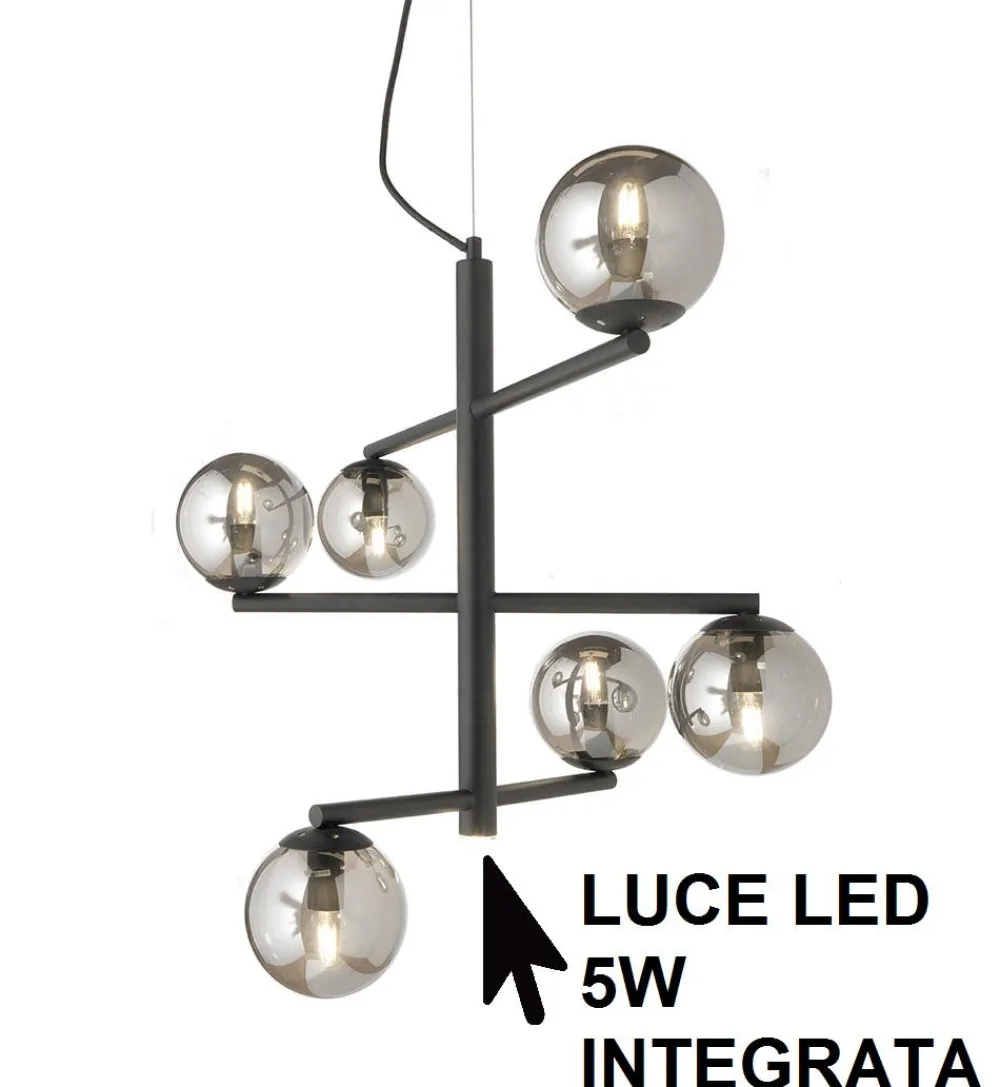 Lampadari Moderni-Ondaluce so gizah lampadario moderno nero da soggiorno 6 luci vetri fume