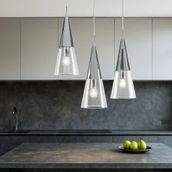 Lampadari Cucina-Ondaluce so trento 3 lampadario tre coni cromo vetri trasparenti