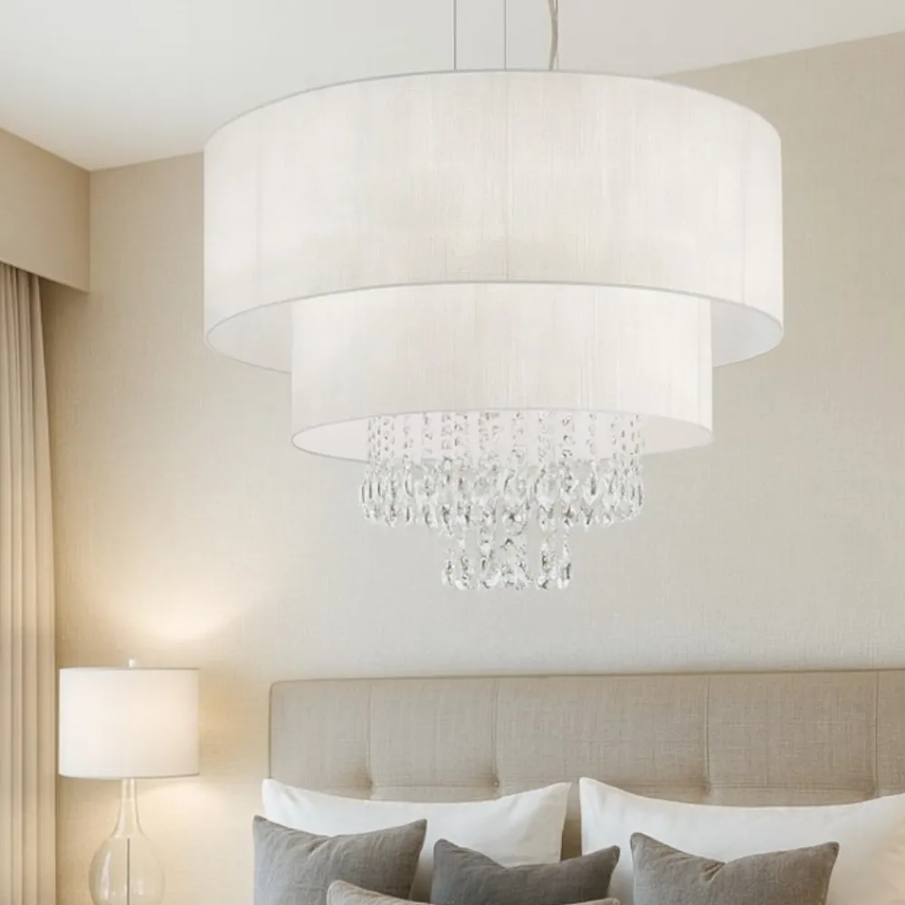 Lampadario Camera Da Letto-Ideal Lux Opera sp6 lampadario stanza da letto paralume bianco con cristalli